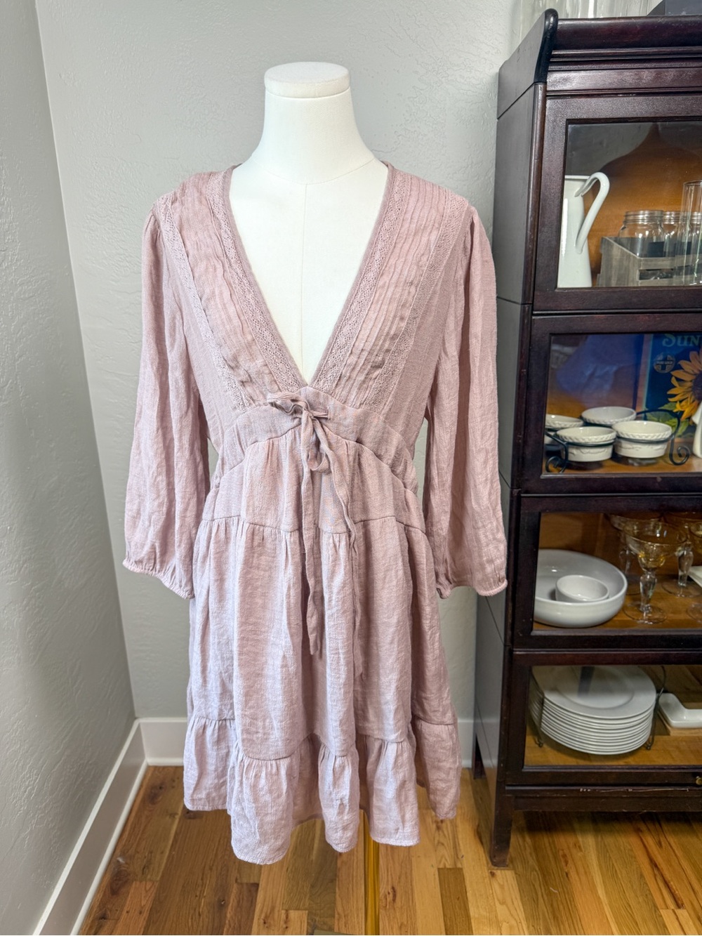 Baltic Born Amelia Mauve Pink Boho Tiered Tie Front Midi Dress Lace Trim Size XL